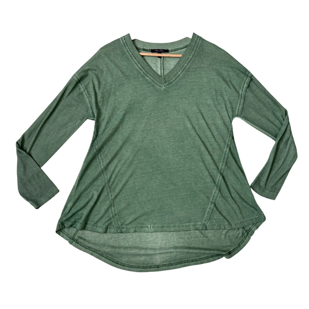 Olivia Sky Gorpcorp Earthy Olive Green Mineral Wash V-Neck High Low Ribbed L